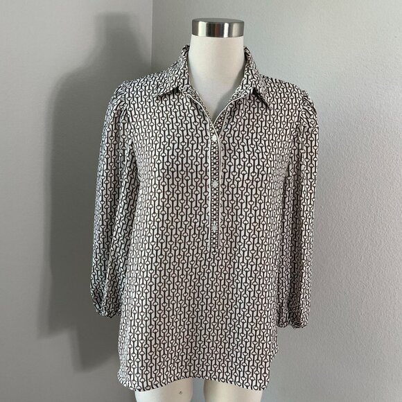 Max Studio Womens Medium Chain Link Print Blouse Button Up Long Sleeve Shirt Top - Picture 1 of 12